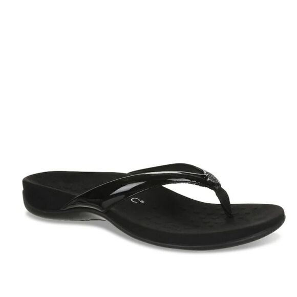 Vionic Davina Flip Flop, Black Faux Patent Leather Thong Sandals | 7 - Picture 1 of 10